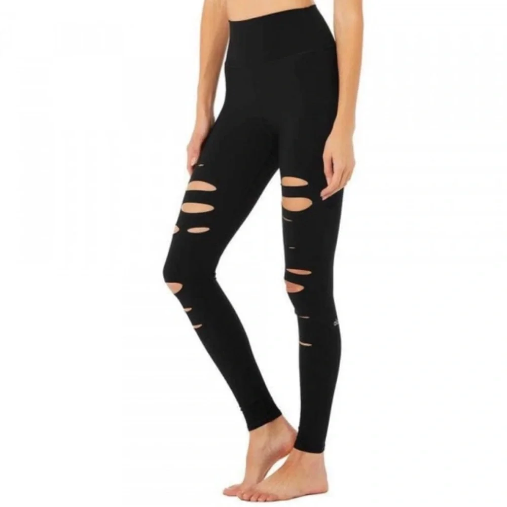 ALO Yoga High Waisted Ripped Warrior Navy Leggings